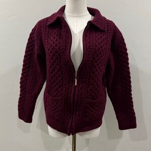 Teolai Ireland 100% Merino Wool Cable Knit Zip Cardigan Sweater – Burgundy